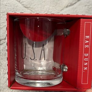NWOT- Rae Dunn Clear Glass Mug with U.S.A. Text